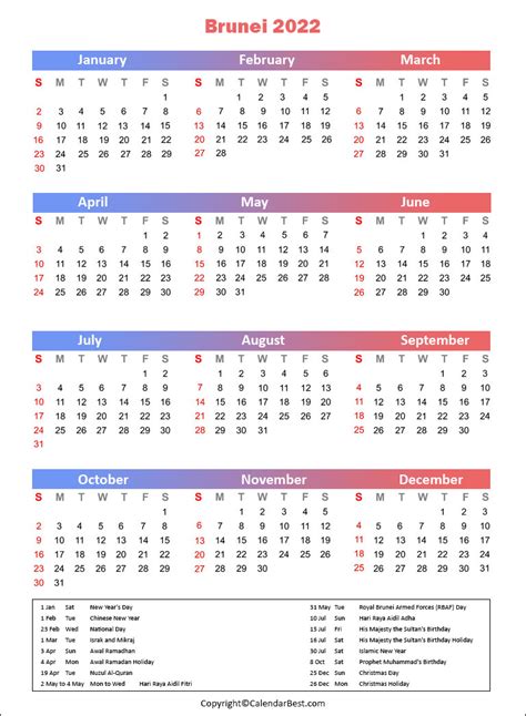 Free Printable Brunei Calendar 2022 With Holidays