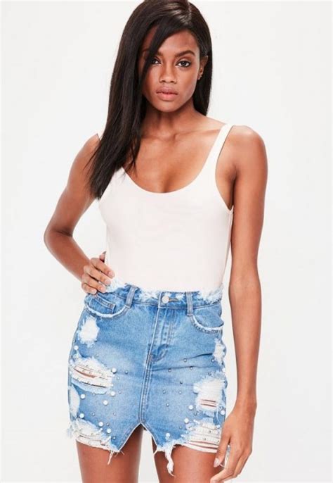 Missguided Petite Blue Denim Pearl Chain Busted Hem Skirt Destroyed