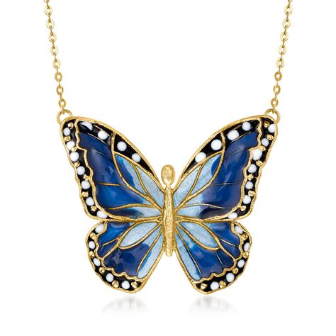 Italian Multicolored Enamel Butterfly Necklace In 14kt Yellow Gold 18