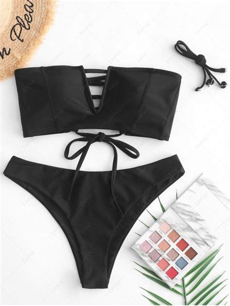 [55 off] 2021 zaful v wired lace up topstitching bandeau bikini swimsuit in black zaful