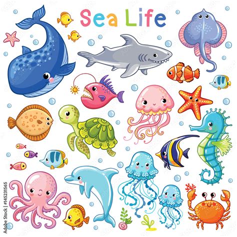 Vector Sea Set Sea Animal In Childrens Style Cartoon Fish Stock
