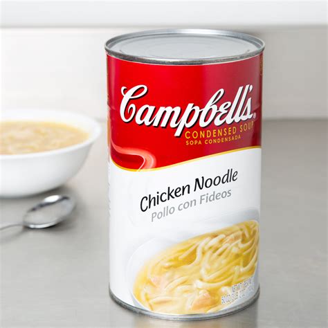 It usually came in a can in condensed form, which called for mixing it with water to mix in the chicken and remove the pan from the heat. Campbell's Chicken Noodle Soup Condensed 50 oz. Can