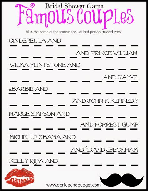 famous couples bridal shower game free printable couples bridal shower bridal shower games
