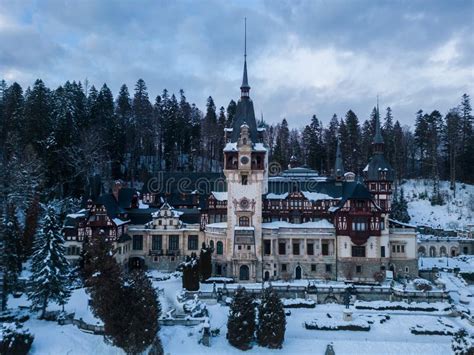 Aerial View Of Peles Castle In Winter Sinaia Romania Stock Photo