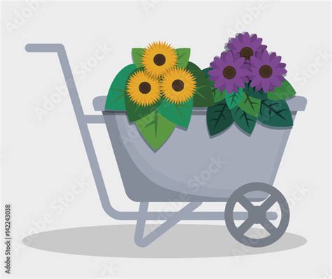 Wheelbarrow With Beautiful Flowers Over White Background Colorful