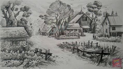A Landscape With Pencil Pencil Art Paintlane Landscape Sketch