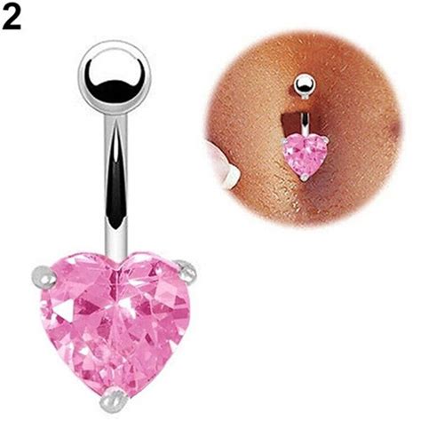 1piece White Gold Navel Belly Button Ring Pink Cubic Zircon Bar Heart