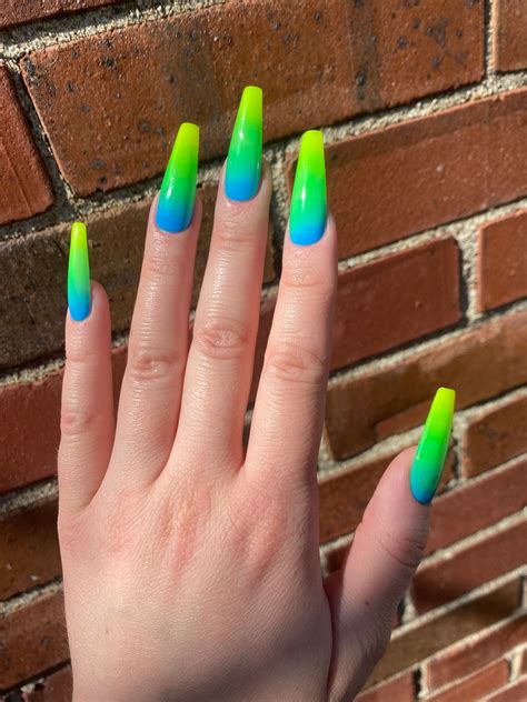 Neon Green Ombré Press On Nails Turquoise Green Yellow Etsy