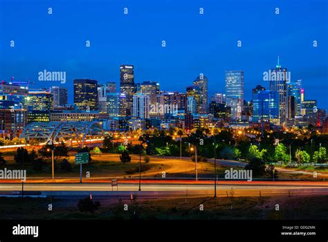 Downtown Denver Colorado At Night Stock Photo Alamy