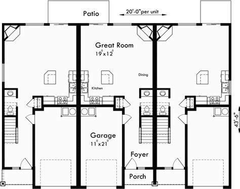 Triplex House Plans Triplex Plan With Garage 20 Ft Wide T 400