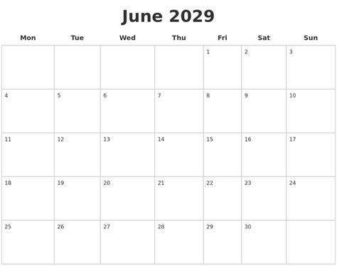 June 2029 Blank Calendar Pages