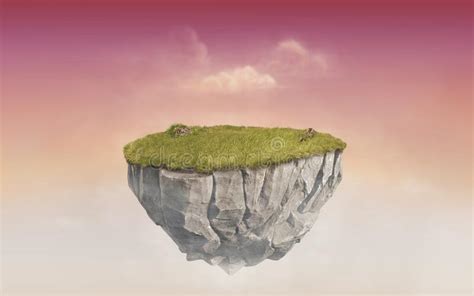 3d Paradise Rock Floating Island With Green Grass Field Surrealism