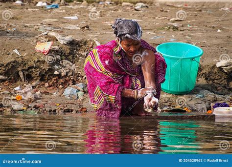 Varanasi India Dec 26 2019 Woman Washing Herself At River Ganges