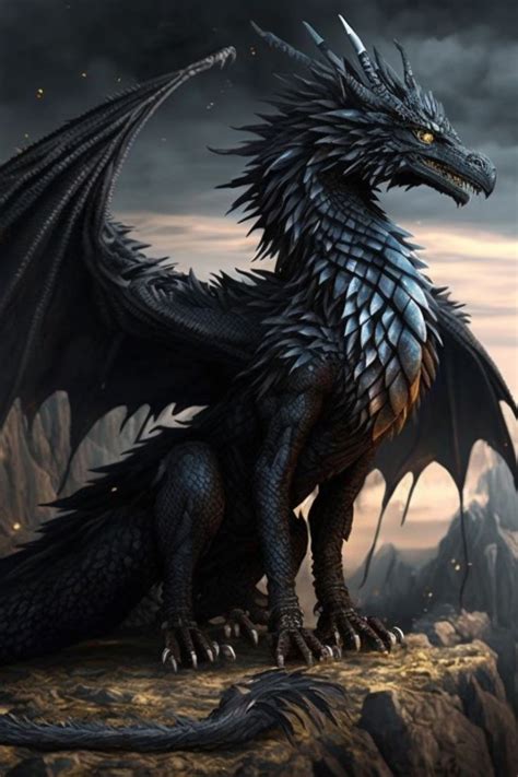 A Black Feathered Dragon Perches On A Ledge High Above The Forest In