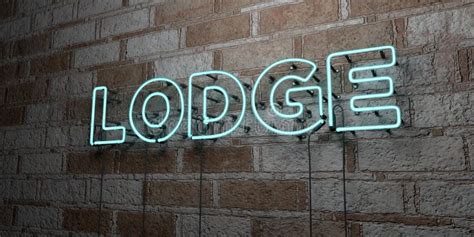 Lodge Glowing Neon Sign On Stonework Wall 3d Rendered Royalty Free