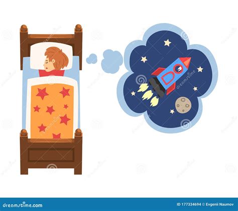 Cute Girl Sleeping In Bed And Dreaming About Rocket Flying In Starry