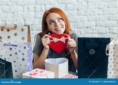 Pretty Smiling Girl Enjoys Her Present Stock Image Image Of Nice Happiness 140148711