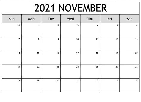 November 2021 Calendar With Thanksgiving Holiday Free Pdf Printable