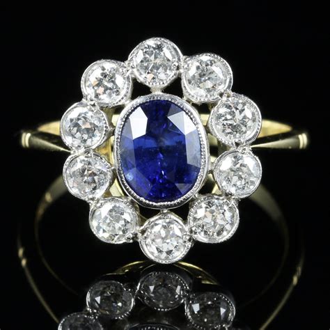 Edwardian Style Sapphire Diamond Cluster Ring 18ct Gold