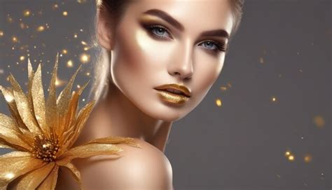 Premium Ai Image High Fashion Model Woman With Bright Golden Sparkles On Skin Fantasy Flower