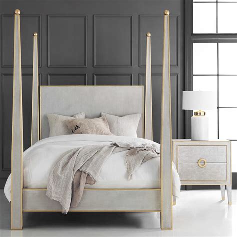 Carla Modern Classic Gold Leaf Trim Antique Grey Wood 4 Poster Bed Queen