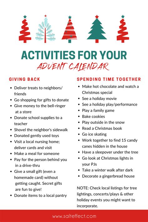 advent calendar list of activities