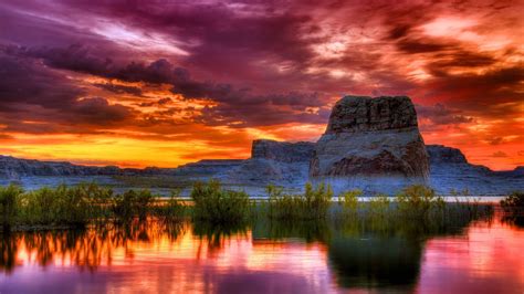 Arizona Sunset Scenery Lake Rocky Mountains Orange Clouds Reflection In