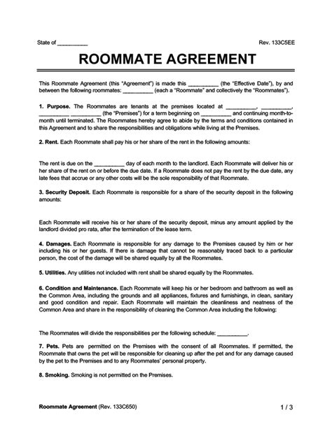 Roommate Agreementcontract Create And Download A Free Template