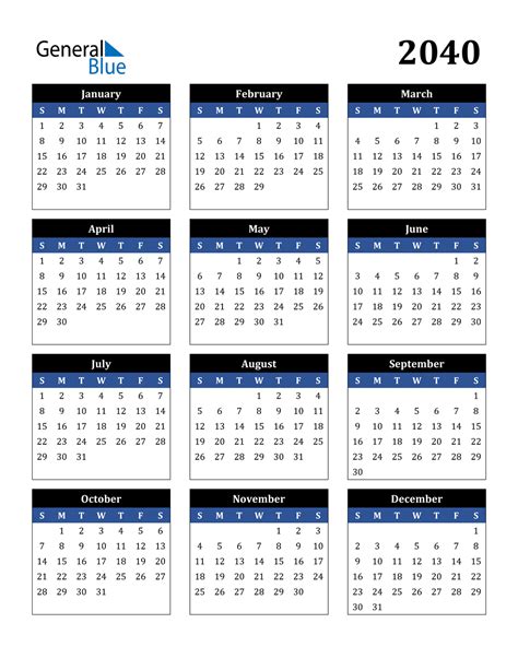 2040 Calendar Pdf Word Excel