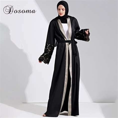 Muslim Maxi Dress Open Abaya Lace Jilbab Belt Long Robe Gowns Cardigan