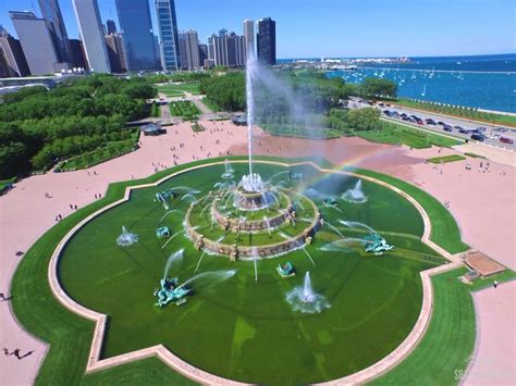 An Aerial View Of A Fountain In The Middle Of A Park