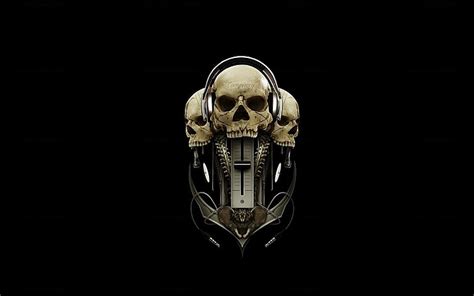 Hd Wallpaper Gray Corded Headphones Skull Black Background Armed
