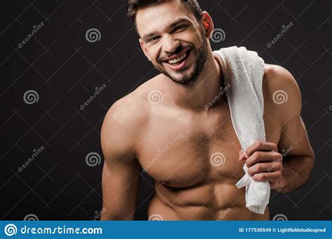 Laughing Naked Man With Towel Isolated Imagen De Archivo Imagen De