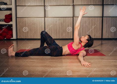 Woman Doing Reclining Big Toe Yoga Pose This Stretches Groins Stock