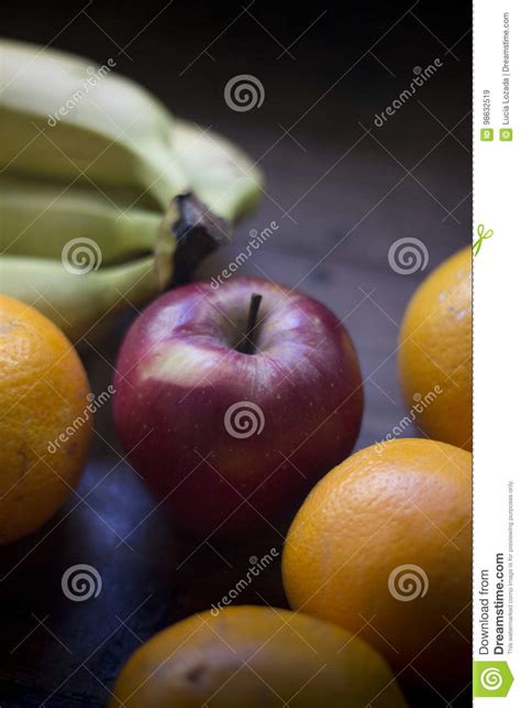 Apple Oranges And Bananas Over Wooden Table Stock Image Image Of