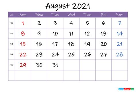 August 2021 Calendar With Holidays Printable Template Ink21m56