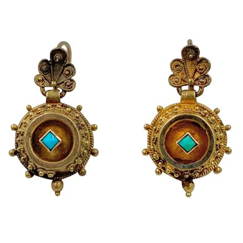 Persian Turquoise Dangle Drop Flower Earrings Karat Gold Art Deco