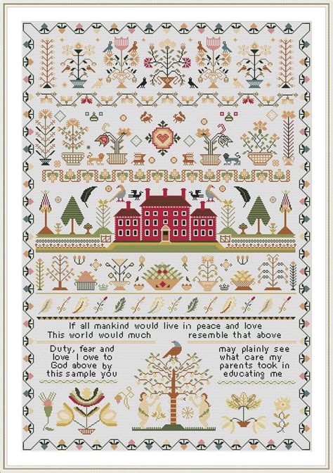 rare antique 1818 red house english sampler reproduction cross etsy cross stitch sampler