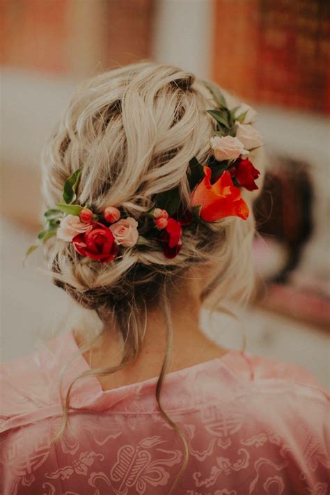 Bridal Hair Red And Pink Flowers Flowers In Hair Bridal Hair