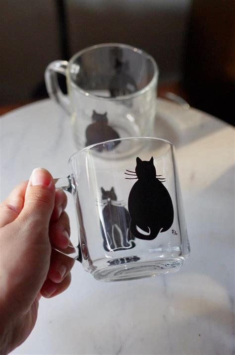 Set Of 4 Clear Glass Mugs With Black Cats Cat Glassware Etsy