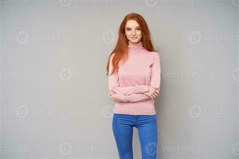 Horizontal Photo Of Beautiful Long Haired Redhead Lady Dressed In Pink