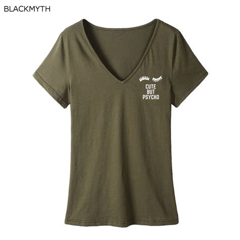 Blackmyth Kawaii Girls V Neck T Shirt Cute But Psycho Letter Print Summer Closed Tops Short