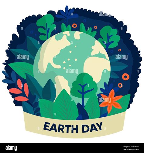 Earth Day Illustration Earth Globe With Leaves Trees And Flowers