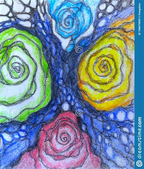 Four Spirals Flowers Tree Drawing By Hand Royalty Free Illustration