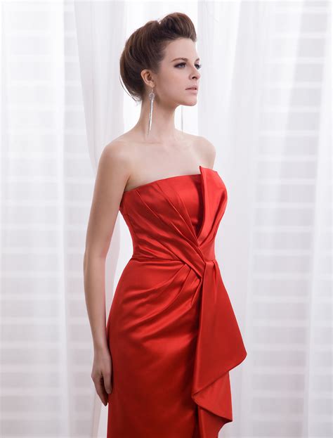 Sheath Strapless Red Satin Pleated Celebrity Dress