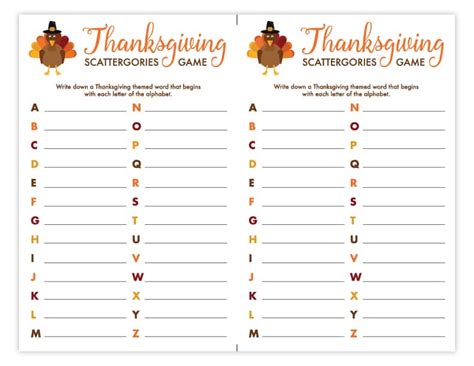 Thanksgiving Scattergories Free Printable
