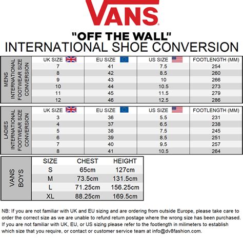 Vans Shoe Size Chart Men S To Women S