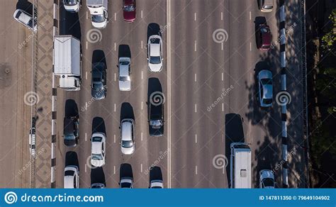 Top Down Aerial View Of Urban Traffic Jam Rush Hour Highway Stock Photo