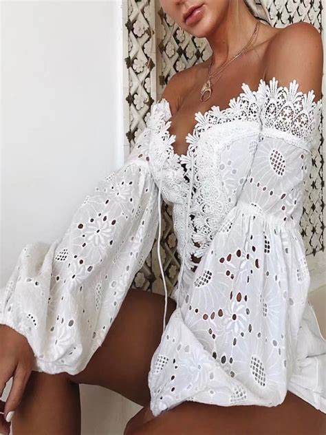White Patchwork Lace Cut Out Drawstring Bohemian Off