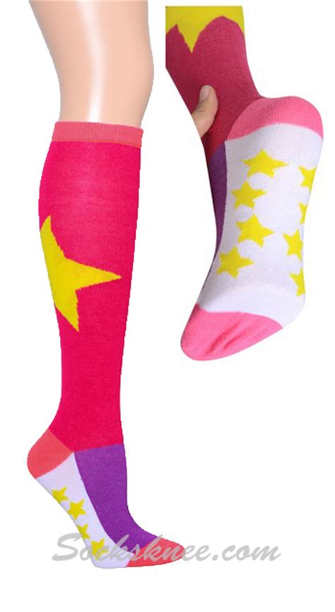 Yellow Bold Star Mini Stars Hot Pink Knee High Socks